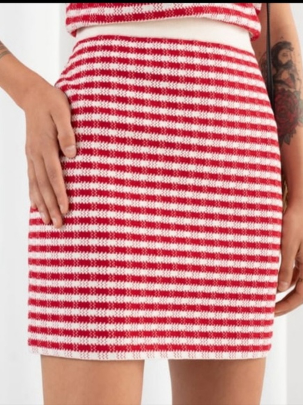 & Other Stories Red and White Gingham Knit Mini Skirt